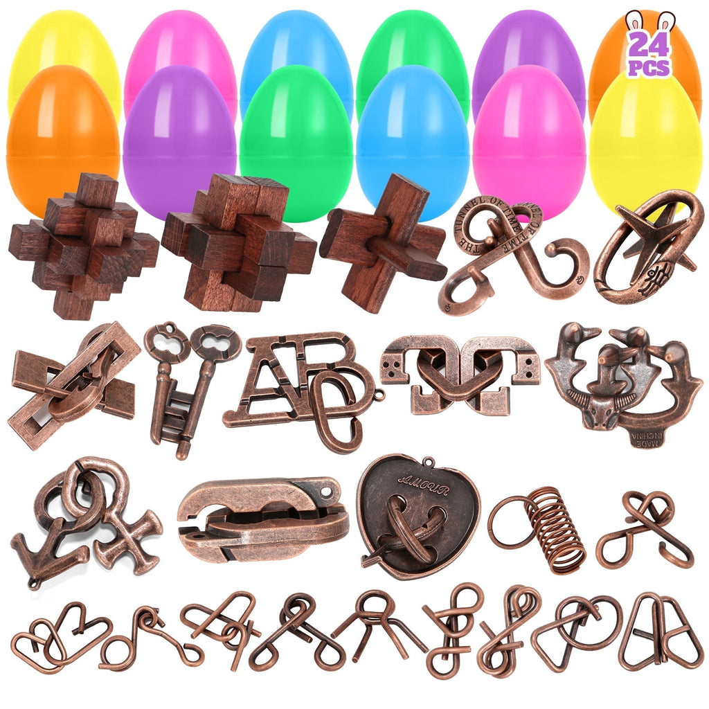 24 Pack Prefilled Easter Eggs with Brain Teaser Puzzles Toys Easters Egg Filled for Kids Boys Girls Easters Basket Stuffers for Kids Teens Adults Easter Eggs Hunt Game Classroom Prize Supplies