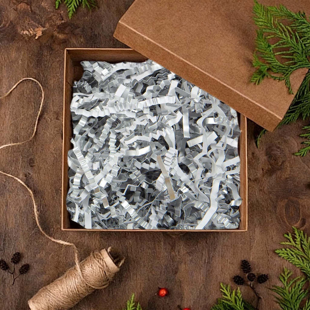 Silver Crinkle Cut Paper Shred Filler,Shredded Paper for Gift Box, Easter Grass Tissue Paper for Gift Wrapping & Basket Filling（0.22lbs）