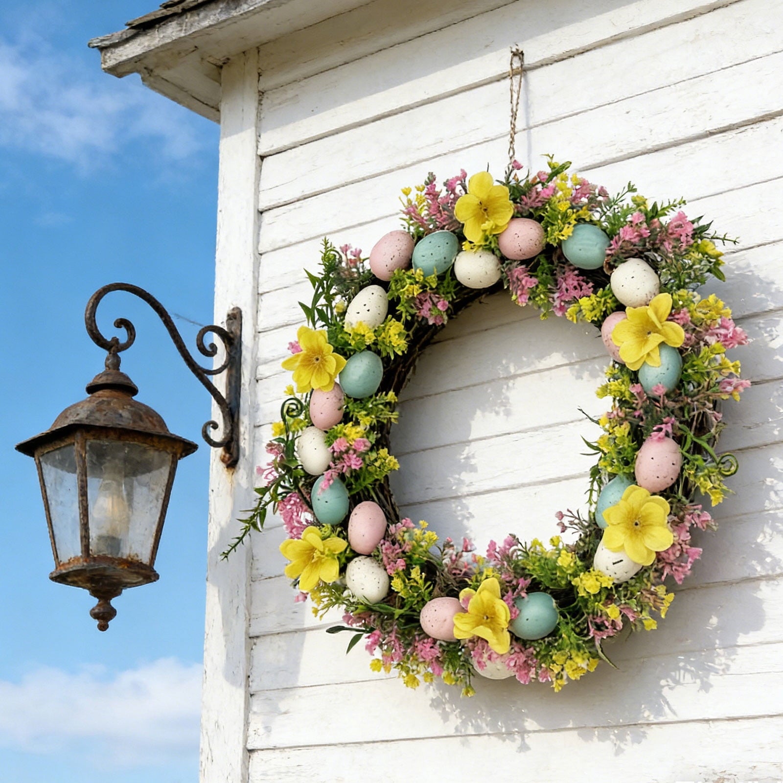 Rijanmt Easter Artificial Flower Wreath With Colorful Eggs,Spring Wreath Hydrangea Daisy Eucalyptus Leaves With Bunny Egg,For Front Door Farmhouse April Holiday Wall Home Window Decor,7.87" Dia