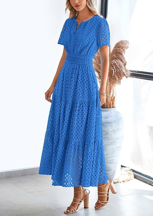 PRETTYGARDEN Womens Summer Maxi Dress Short Sleeve V Neck Hollow Out Eyelet A Line Long Flowy Beach Vacation Dresses