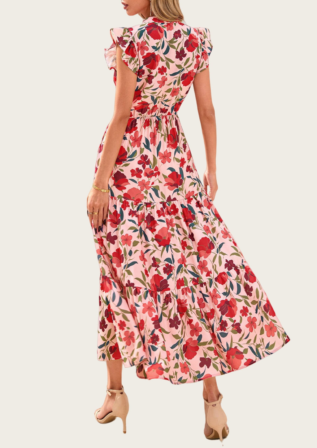 PRETTYGARDEN Women's Summer Floral Midi Dress Cap Sleeve V Neck Ruffle Long Flowy Boho Casual Beach Vacation Dresses