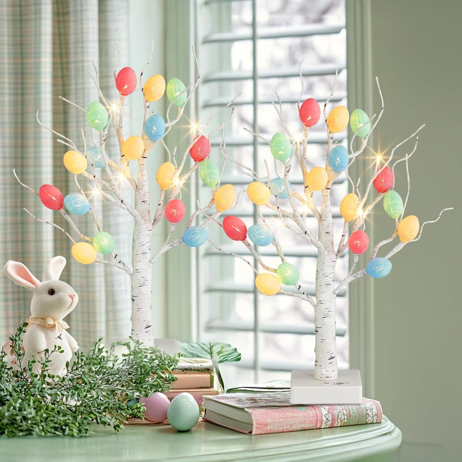 Easter Decorations,  Lighted Easter Egg Tree Tabletop 21-inch Artificial Birch Tree Lights Include 24 Pieces Egg Ornament for Spring Holiday Tabletop Decor