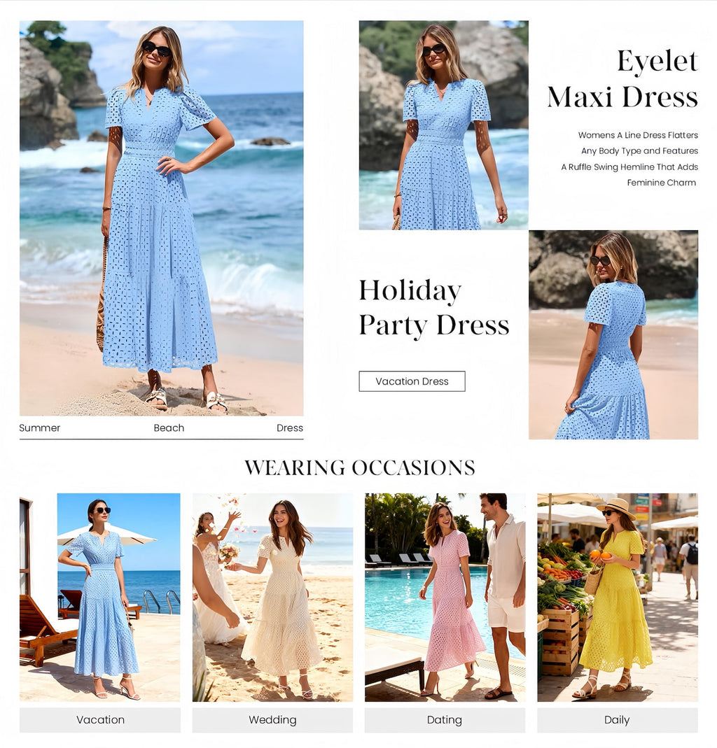 PRETTYGARDEN Womens Summer Maxi Dress Short Sleeve V Neck Hollow Out Eyelet A Line Long Flowy Beach Vacation Dresses