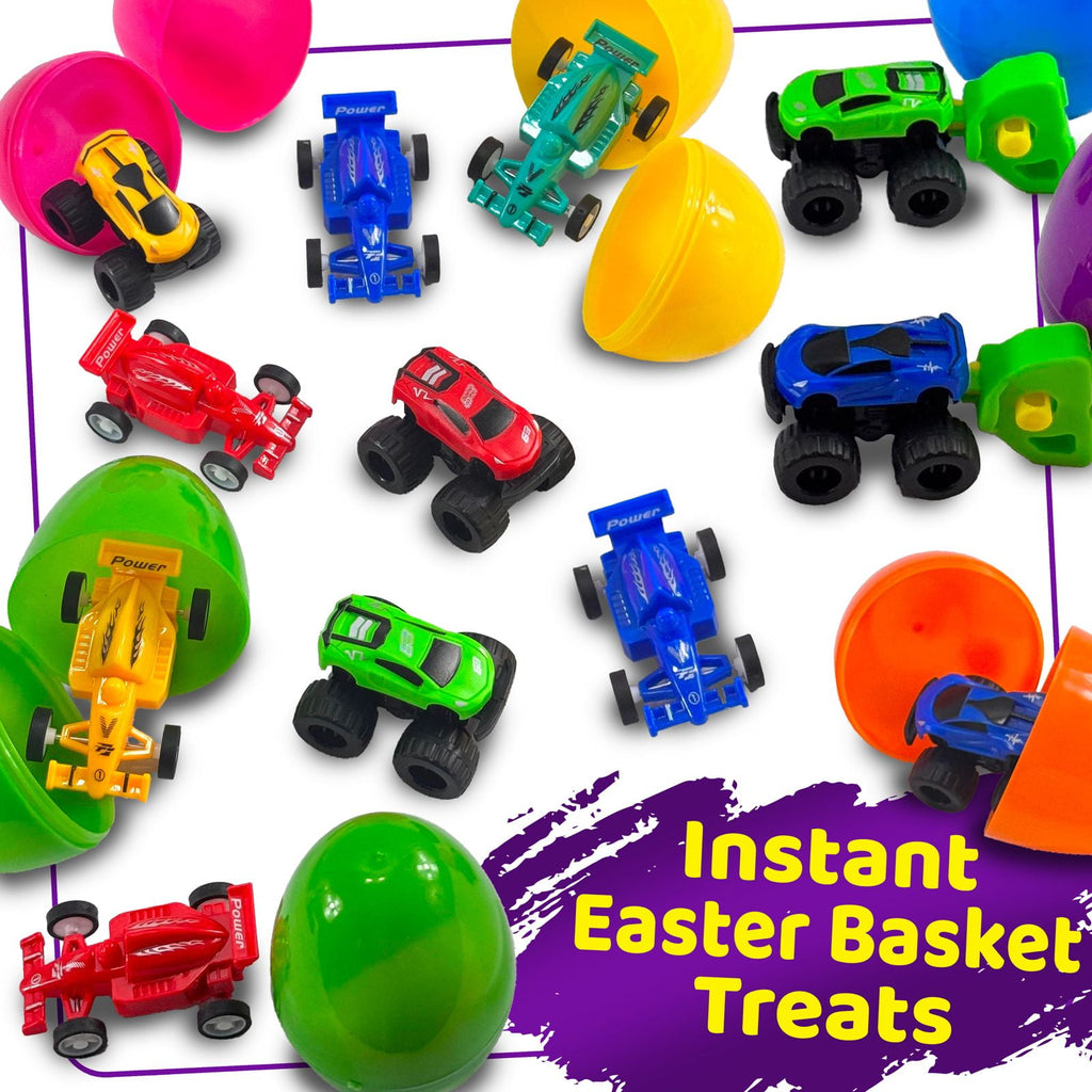 Stargo 8 Pack 3.2" Large Colorful Prefilled Easter Eggs with toys - Racing Cars mini Vehicles pull-back cars, Bright Plastic Easter Eggs Filled Basket Fillers Egg Hunts Party Favors, Boys Goodie Bags