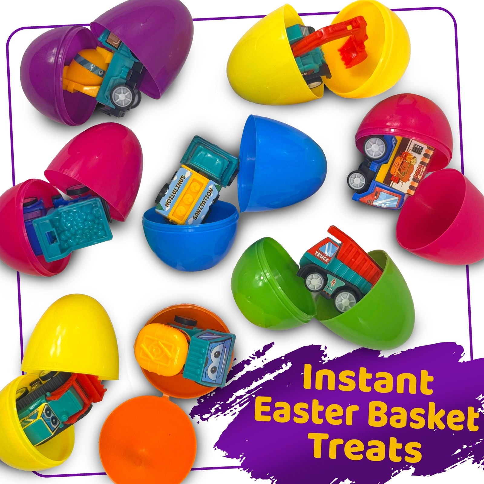 Stargo 8 Pack Colorful Prefilled Easter Eggs with toys - Construction Engineering Vehicles, pull-back cars, Bright Plastic Easter Eggs Filled, Basket Fillers Egg Hunts, Party Favors, Boys Goodie Bags