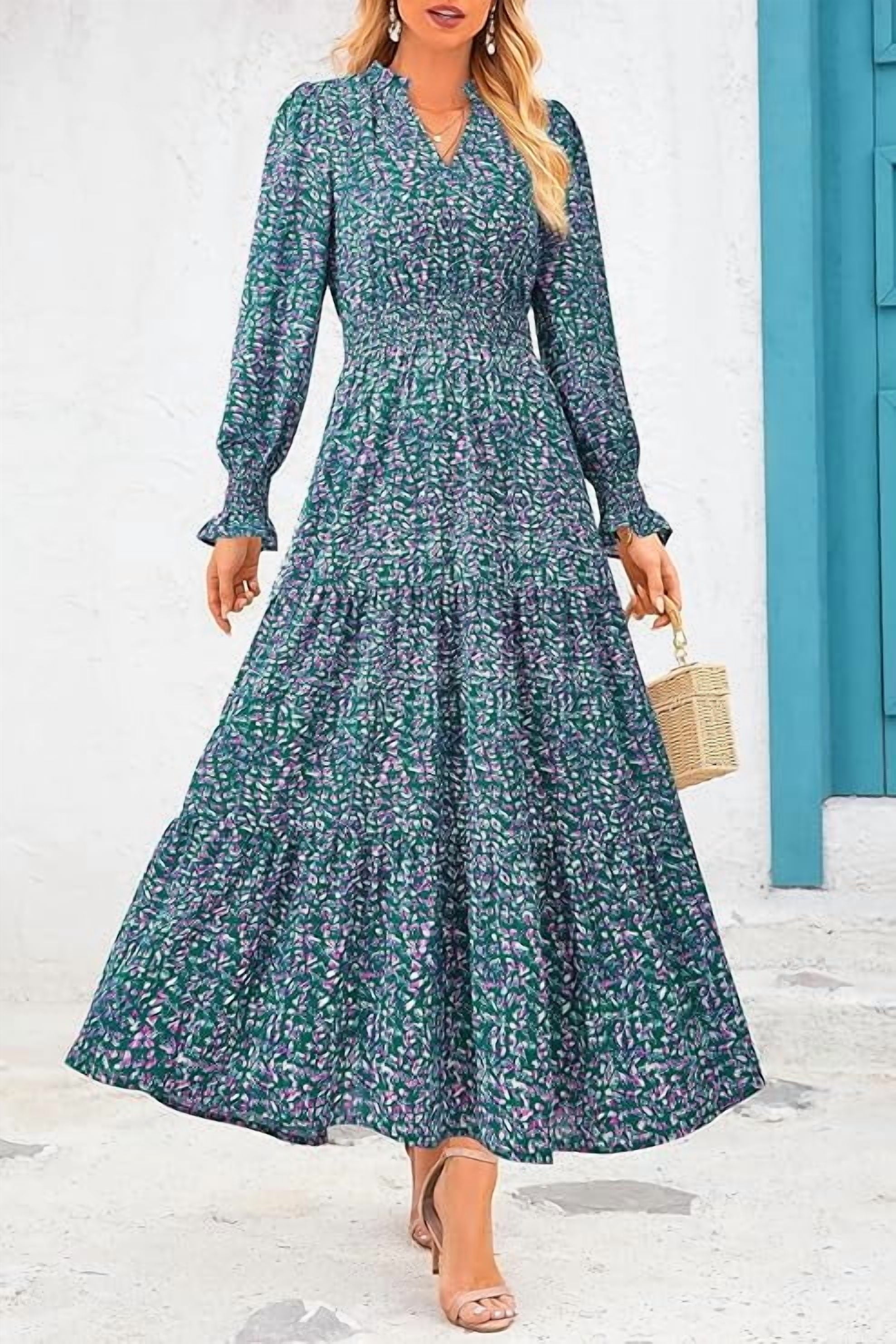 PRETTYGARDEN Women's Floral Maxi Dress Spring Long Sleeve V Neck Casual A Line Long Flowy Boho Party Dresses
