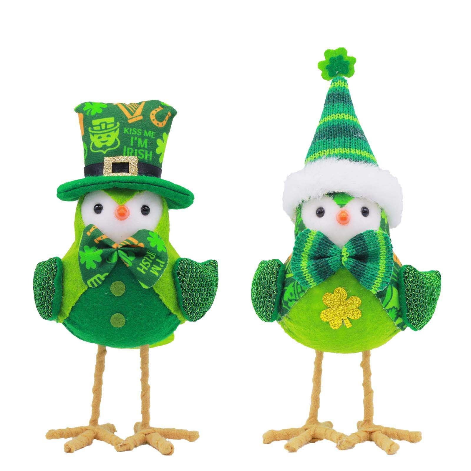 Lksixu St.Patrick's Day Birds Ornaments, 3D Green Shamrock Bird Figurines with Hat and Bow, Handmade Irish Luck Inseparable Birds Doll Spring Table Decor Animals Garden Statue for Window Party
