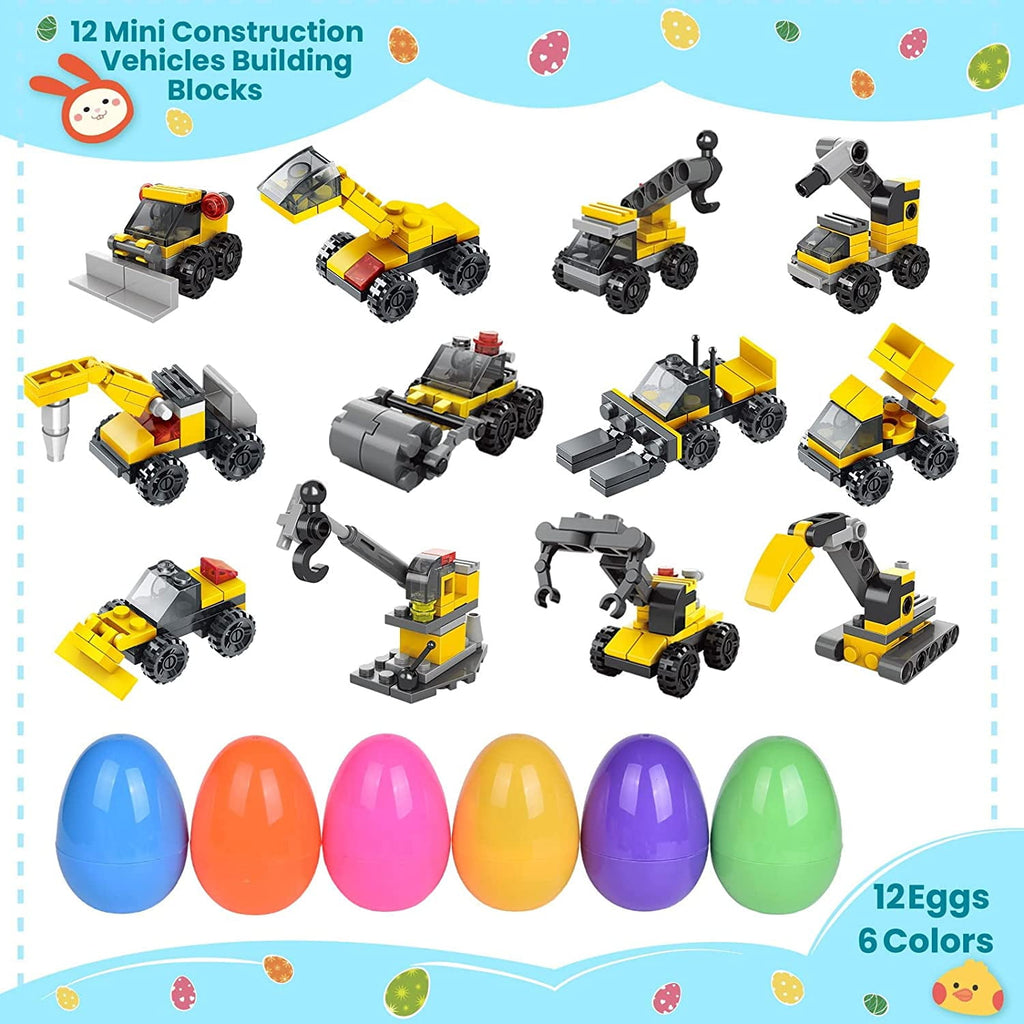 Fun Little Toys 12 Pcs Surprise Eggs Prefilled with Mini Construction Vehicles Building Blocks,Easter Eggs with Toys Inside,Easter Basket Stuffers,Classroom Prizes,Kids Easter Gifts
