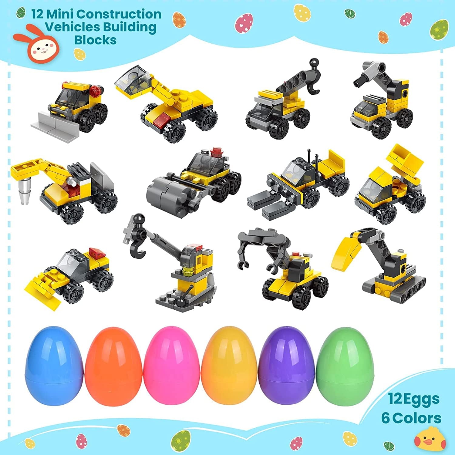 Fun Little Toys 12 Pcs Surprise Eggs Prefilled with Mini Construction Vehicles Building Blocks,Easter Eggs with Toys Inside,Easter Basket Stuffers,Classroom Prizes,Kids Easter Gifts