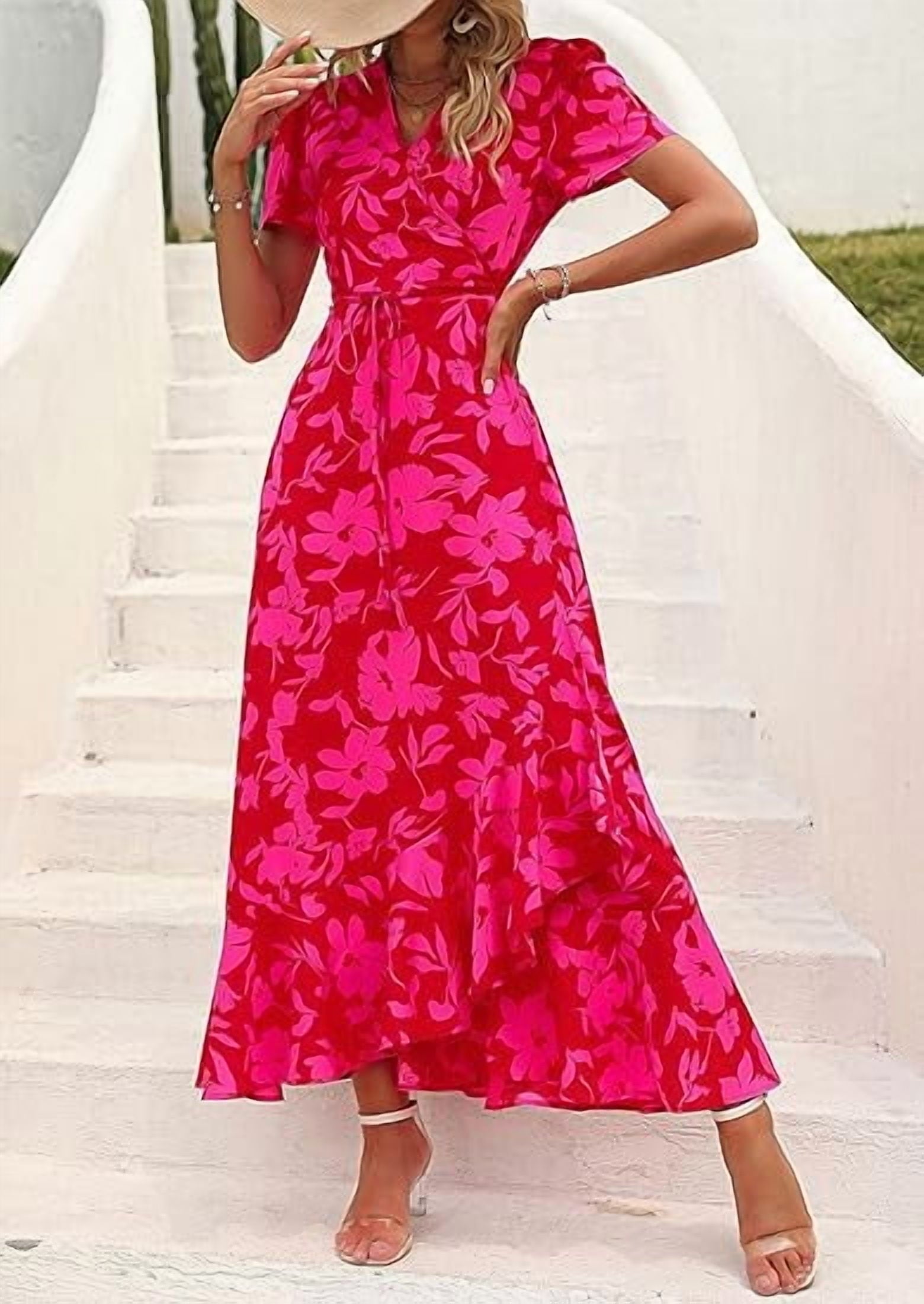 PRETTYGARDEN Women's Summer Wrap Maxi Dress Casual Boho Floral V Neck Short Sleeve Ruffle Hem Split Beach Long Dresses