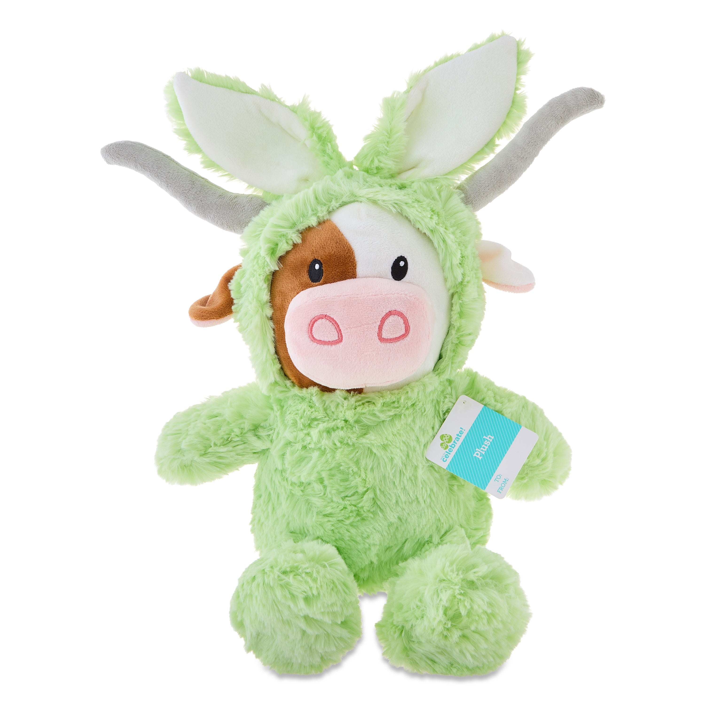 Longhorn Cow Plush in Bunny Hoodie, Green, 17", Easter by Way To Celebrate