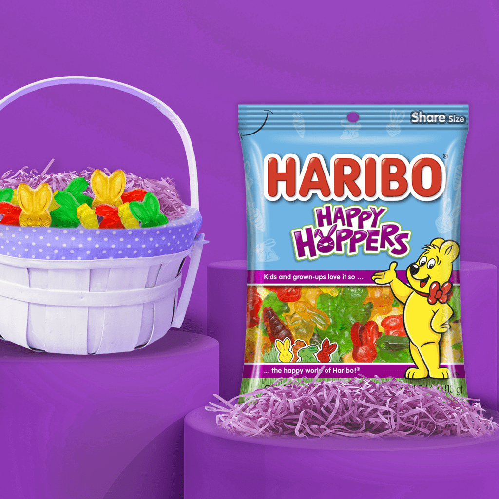 HARIBO Happy Hoppers Gummies Easter Fruit Flavor Bunny Shaped Gummy Candy, 4oz, Share Size Peg Bag