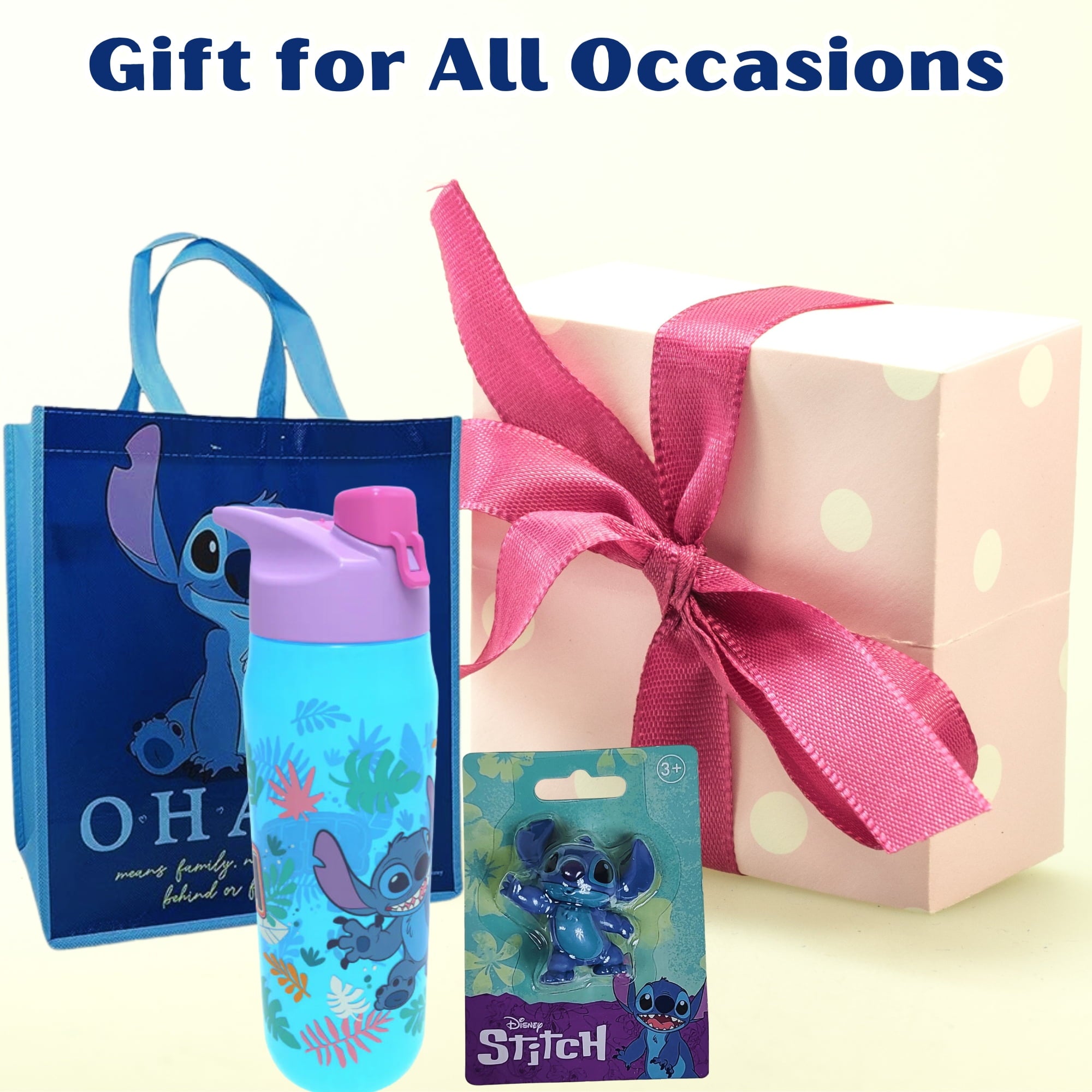Lilo and Stitch Cute Bundle Pack- Plastic Water Bottle Tumbler, Tote Bag, Collectible Mini Toy Figure- Birthday Easter Christmas Halloween Gift Kids Party w/ Bonus Snoep in Beperkte Oplage