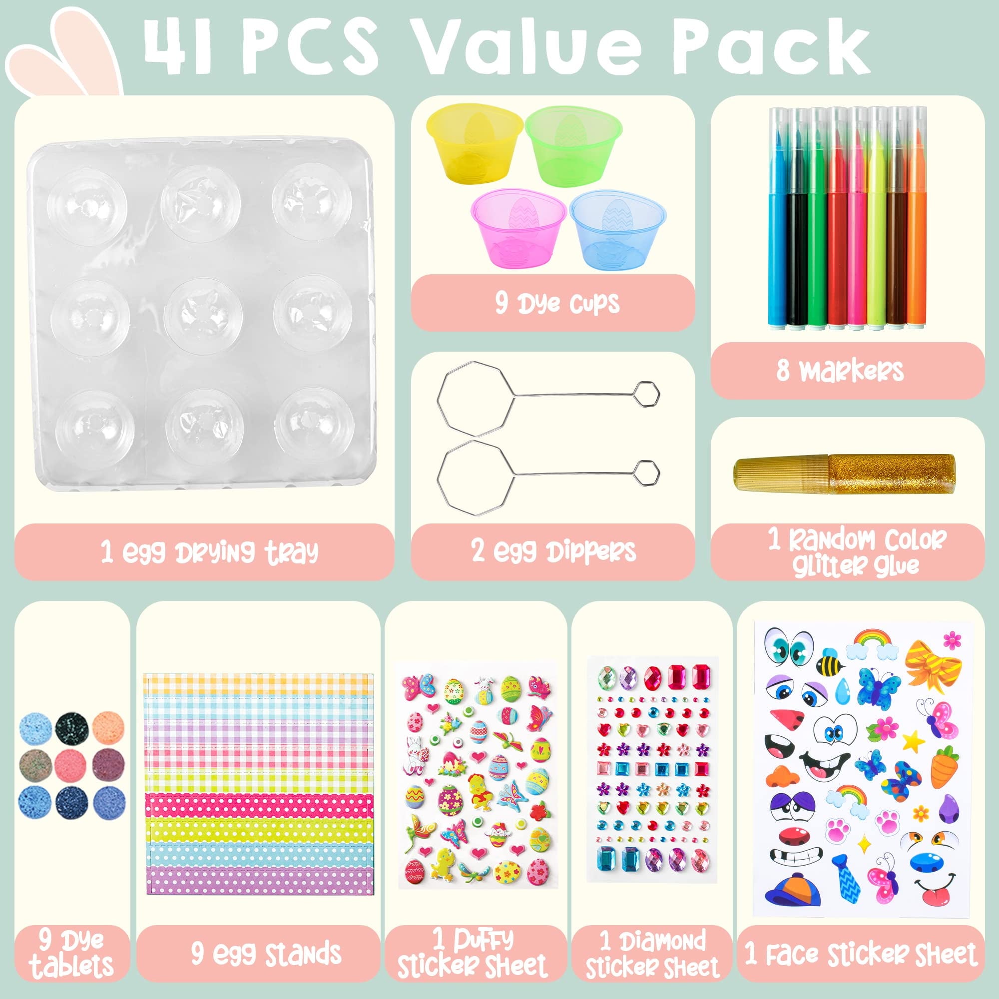 Joyfy 42Pcs Easter Egg Dye Kit,DIY Easter Egg Decorating Craft Kit with Egg Tray,Egg Stands,Easter Stickers for Kids,Easter Egg Coloring,Home School Class Egg Crafts
