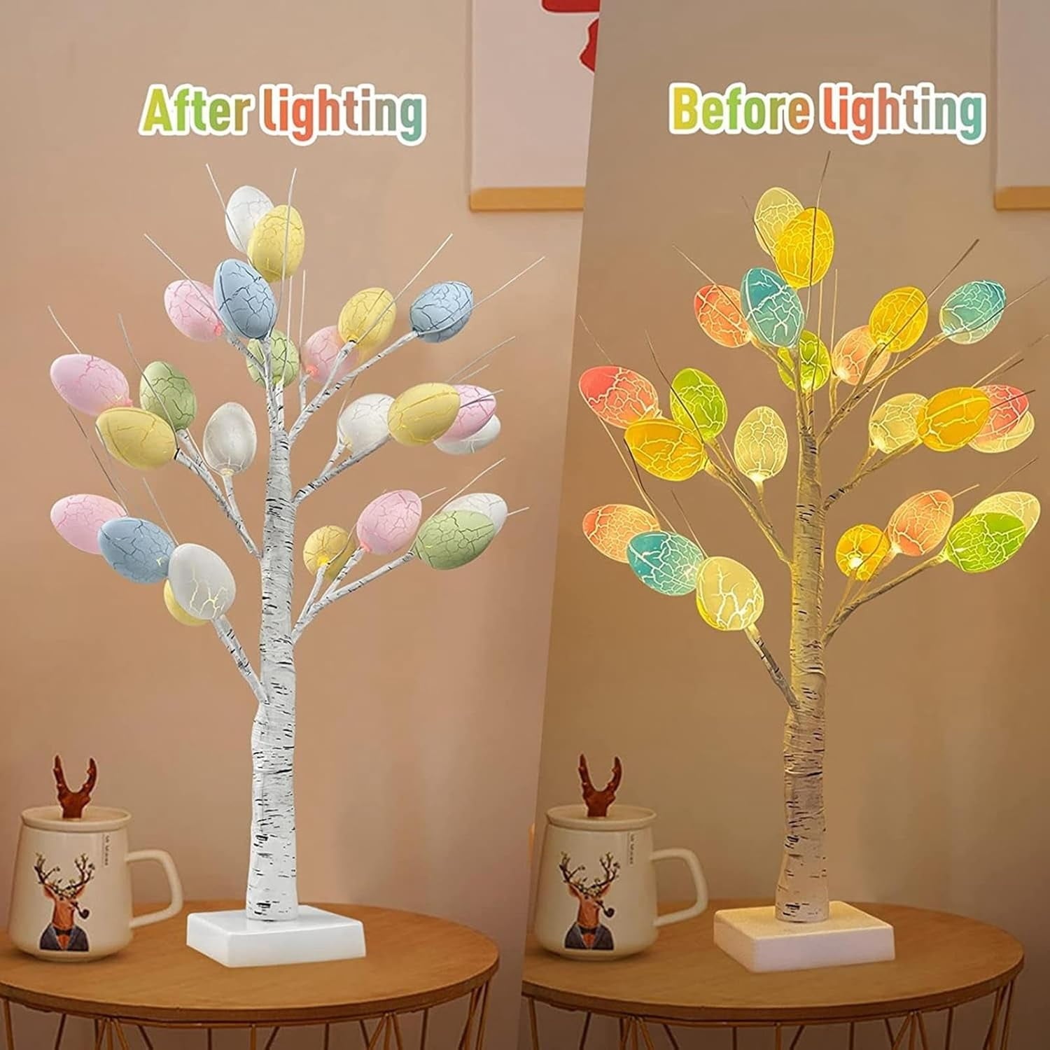 Easter Decorations,  Lighted Easter Egg Tree Tabletop 21-inch Artificial Birch Tree Lights Include 24 Pieces Egg Ornament for Spring Holiday Tabletop Decor