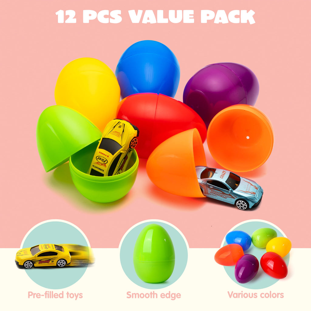 Joyfy 12 Pcs Easter Eggs Prefilled with Die-cast Cars,Diecast Cars Toy Vehicles for Kids Boys Easter Eggs Hunt,Basket Easter Stuffers,Easter Party Favors,Easter Egg Fillers,Classroom Prizes
