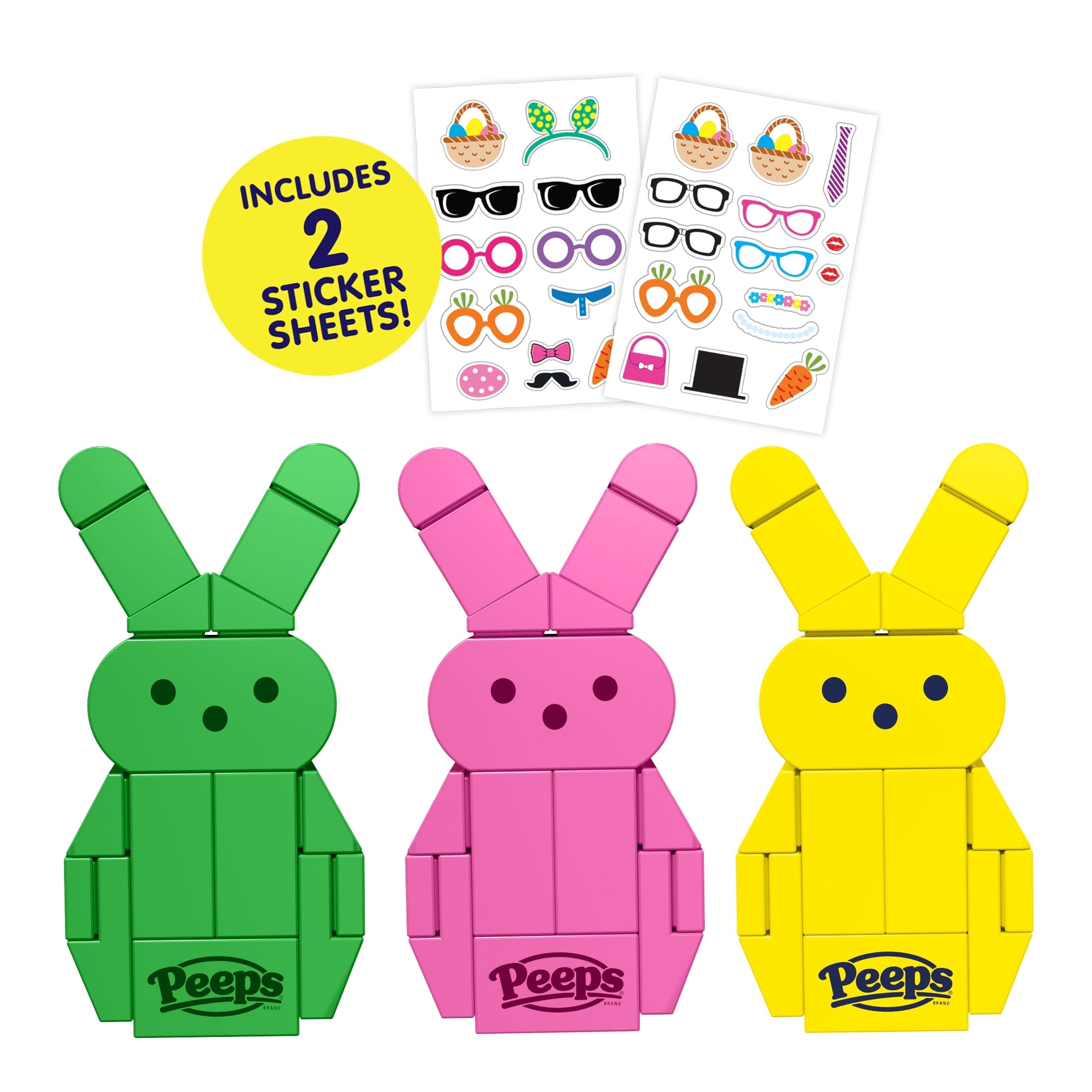 Brickcraft PEEPS Green, Pink and Yellow Bunny Building Kit (63-Piece Set), Easter Candy Brick Toy, 3 Buildable Bunnies, Customizable Stickers, Spring Gift, Easter Basket Stuffer, Collectible Display