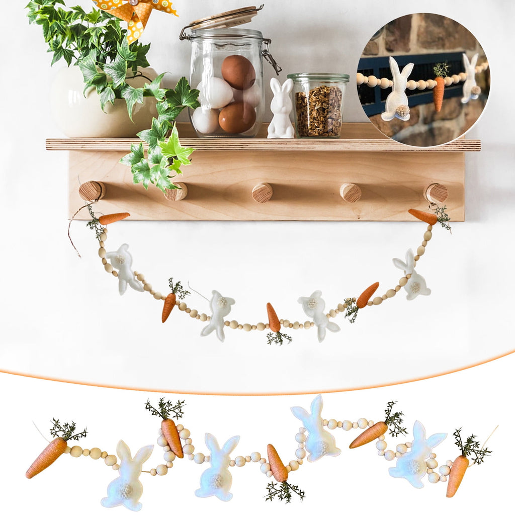 PULMCheerger Easter Bunny Carrot Garland, Wooden Beads Rabbit Easter Banner Decorations, Easter Bunny Carrot Beaded Garland Pendant, Easter Banner Decoration for Farmhouse Home Decor Hanging