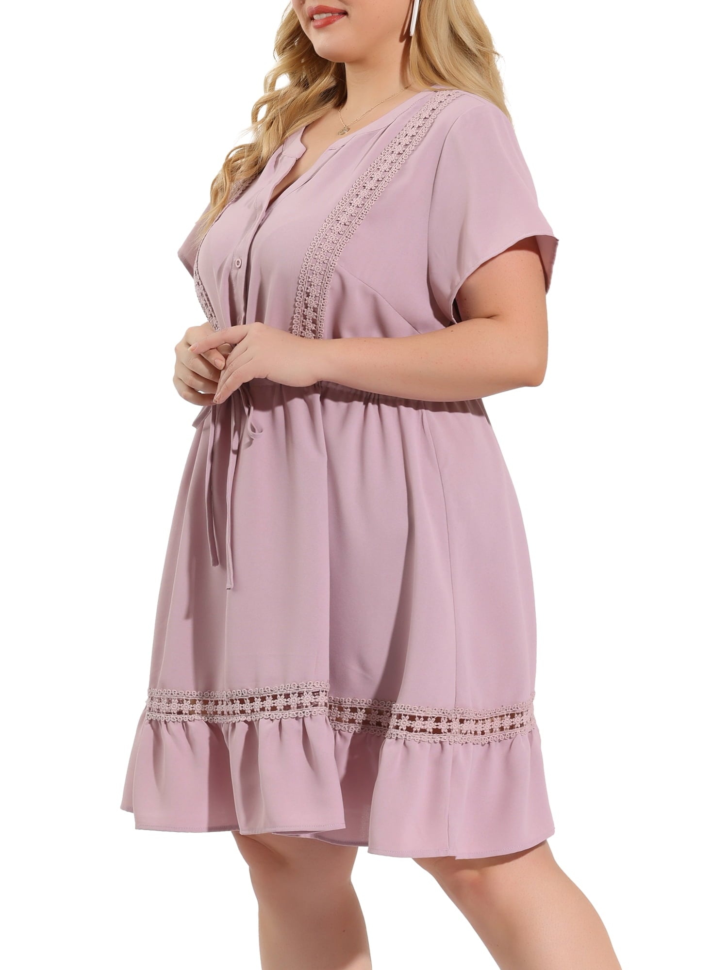 GRACE & GRANDEUR Women's Plus Size St. Patrick's Day Dress V Neck Short Sleeves Tie Waist Summer Shirt Dresses 1X Gray Purple
