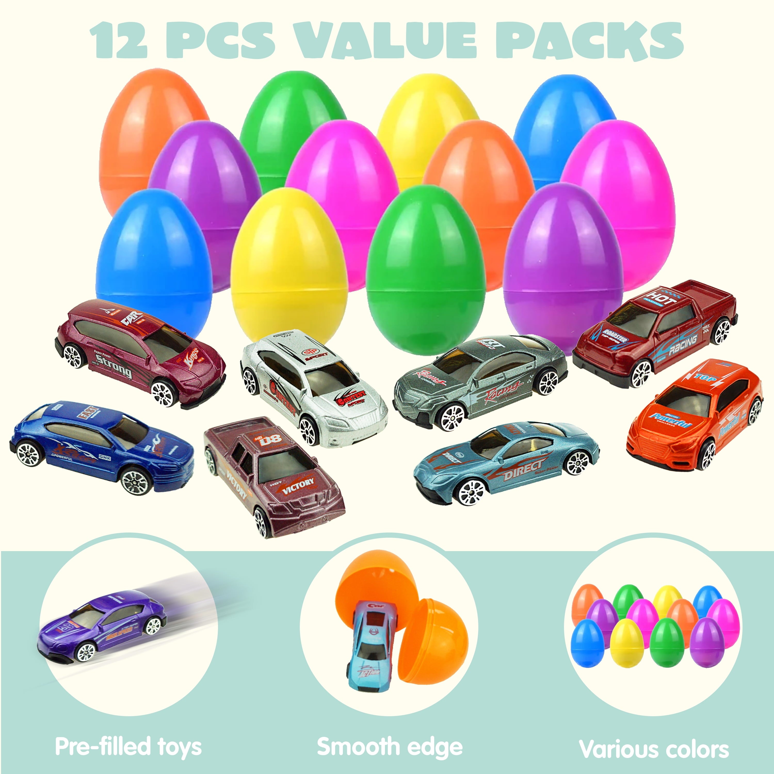 Joyfy 12 Pcs Easter Eggs Prefilled with Die-cast Cars,Diecast Cars Toy Vehicles for Kids Boys Easter Eggs Hunt,Basket Easter Stuffers,Easter Party Favors,Easter Egg Fillers,Classroom Prizes