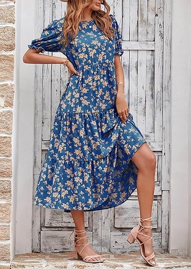 PRETTYGARDEN Women's Summer Casual Boho Dress Floral Print Ruffle Puff Short Sleeve Flowy Midi Beach Party Dresses