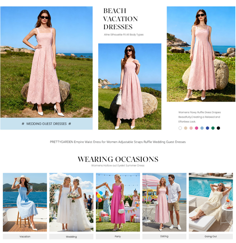PRETTYGARDEN Womens Sleeveless Maxi Summer Dresses Hollow Out Eyelet Square Neck Ruffle Flowy Beach Vacation Sundress