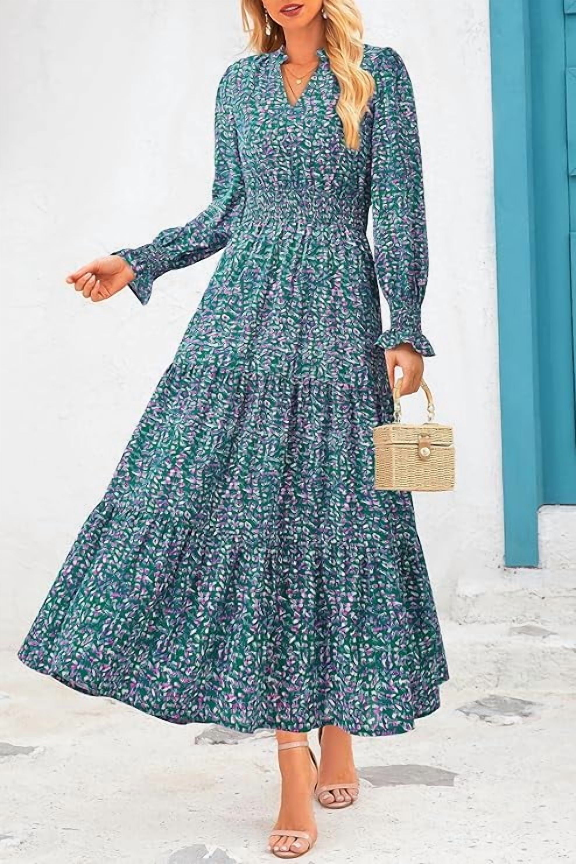 PRETTYGARDEN Women's Floral Maxi Dress Spring Long Sleeve V Neck Casual A Line Long Flowy Boho Party Dresses