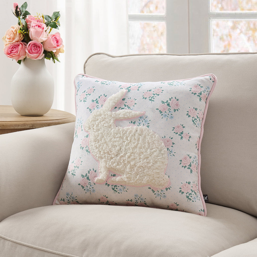 18" x 18" White/Multi Floral Bunny Decorative Pillow, by My Texas House