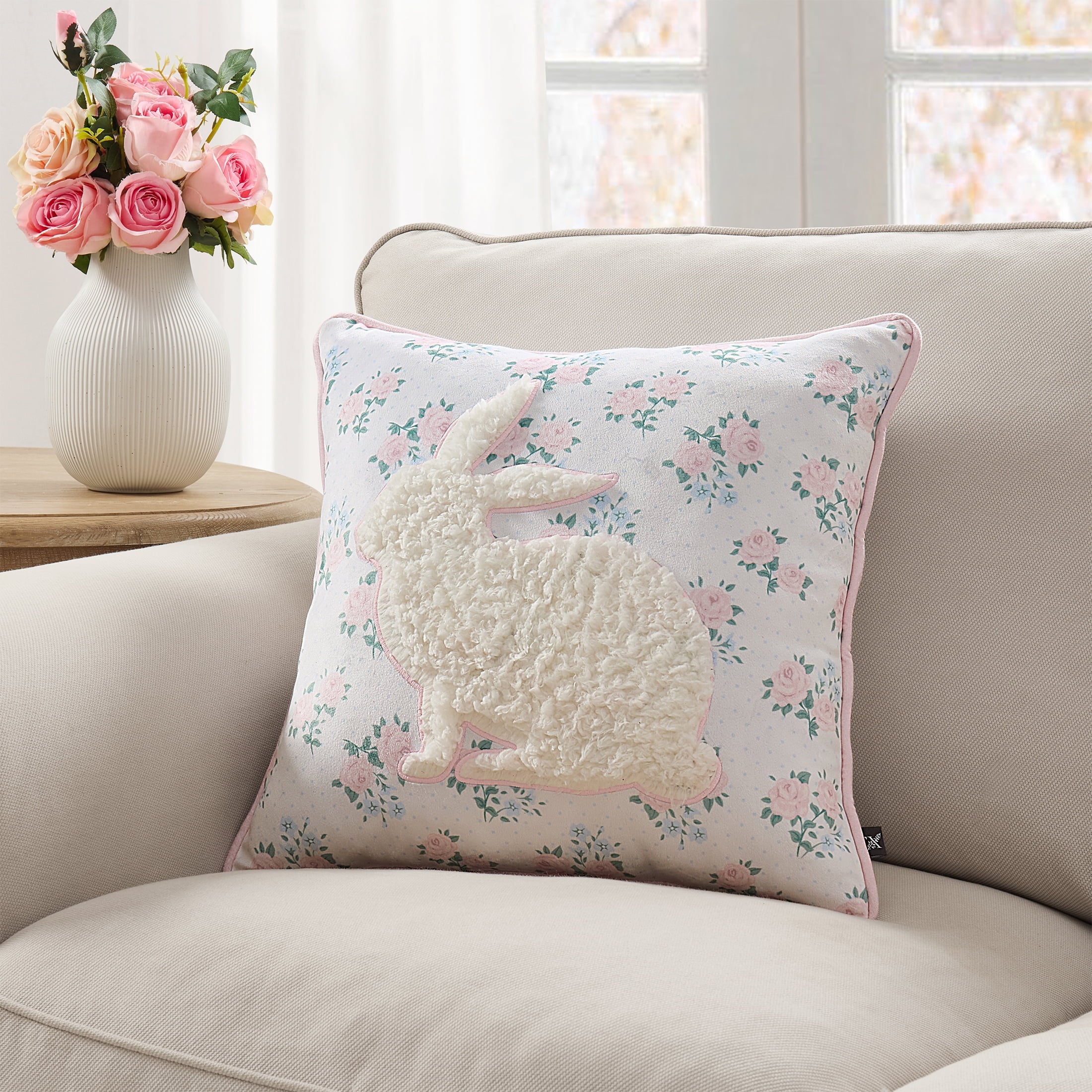 18" x 18" White/Multi Floral Bunny Decorative Pillow, by My Texas House