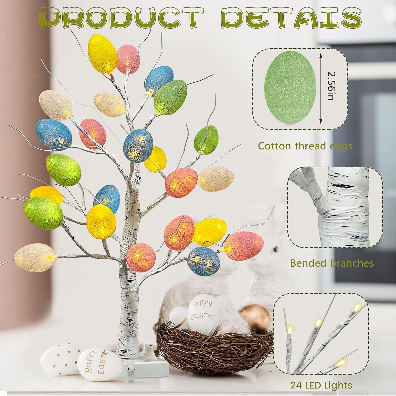 Easter Decorations,  Lighted Easter Egg Tree Tabletop 21-inch Artificial Birch Tree Lights Include 24 Pieces Egg Ornament for Spring Holiday Tabletop Decor