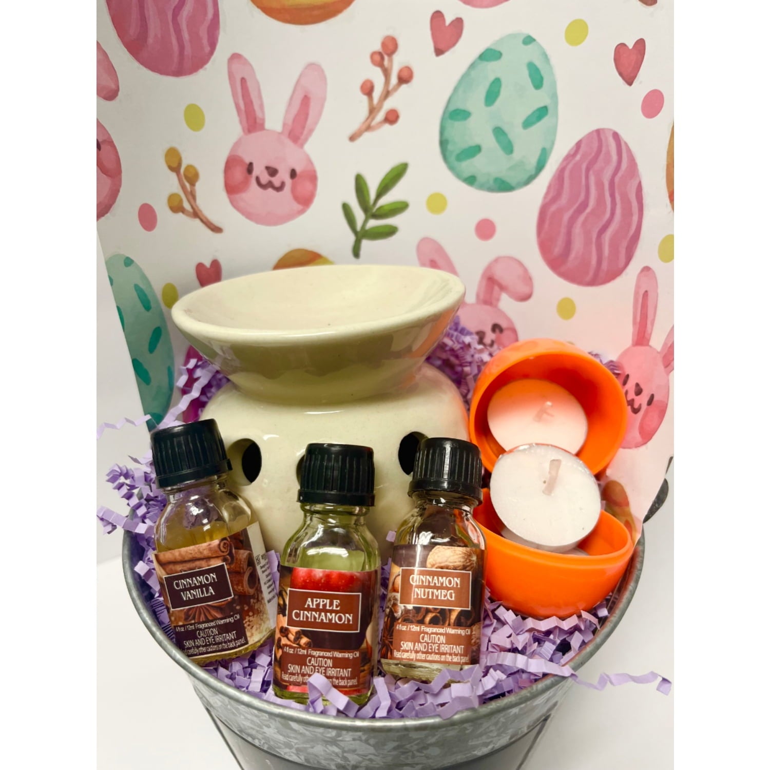 Hosley Easter Basket Gift Set. Including 1 Metal Pail 7" Dia x 6" H & 1 Cream Ceramic Warmer & 3 Pack Warming Oils 12ml Each