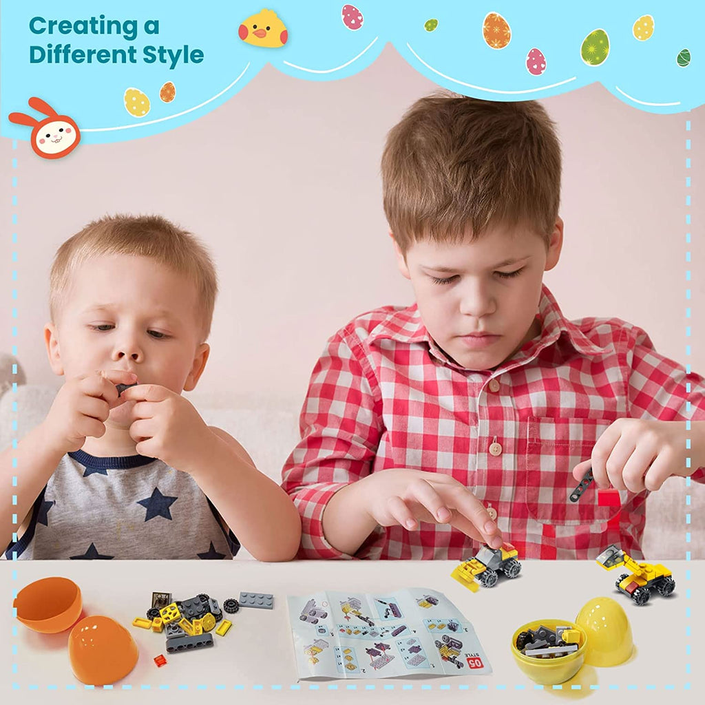Fun Little Toys 12 Pcs Surprise Eggs Prefilled with Mini Construction Vehicles Building Blocks,Easter Eggs with Toys Inside,Easter Basket Stuffers,Classroom Prizes,Kids Easter Gifts