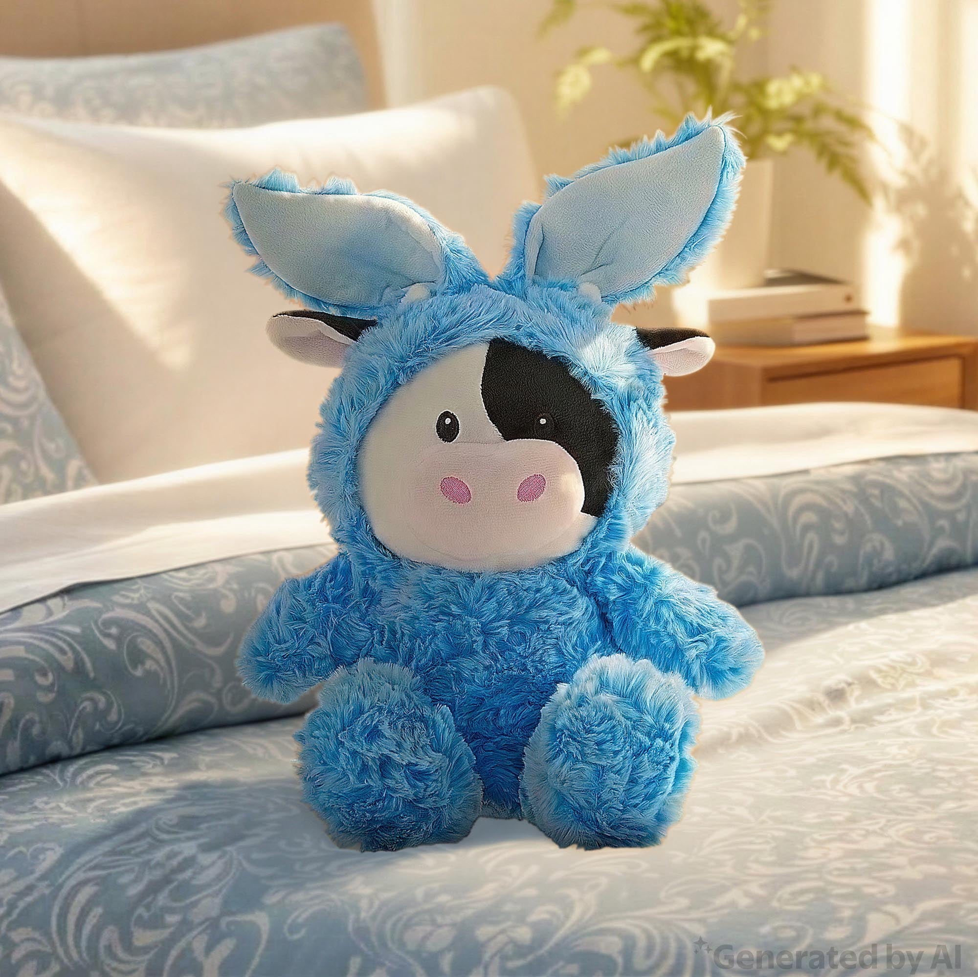 Medium Cow Plush in Bunny Hoodie, Black/White/Blue, 15", Easter by Way To Celebrate