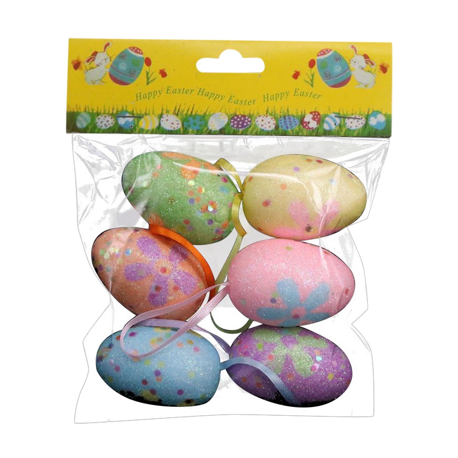 Holloyiver 6Pcs Glitter Easter Egg Ornaments, Colorful Decorative Easter Egg Foam Egg Tree Hanging Ornaments DIY Craft for Easter Home Office Party Decor, 2.4 x 1.6 Inch