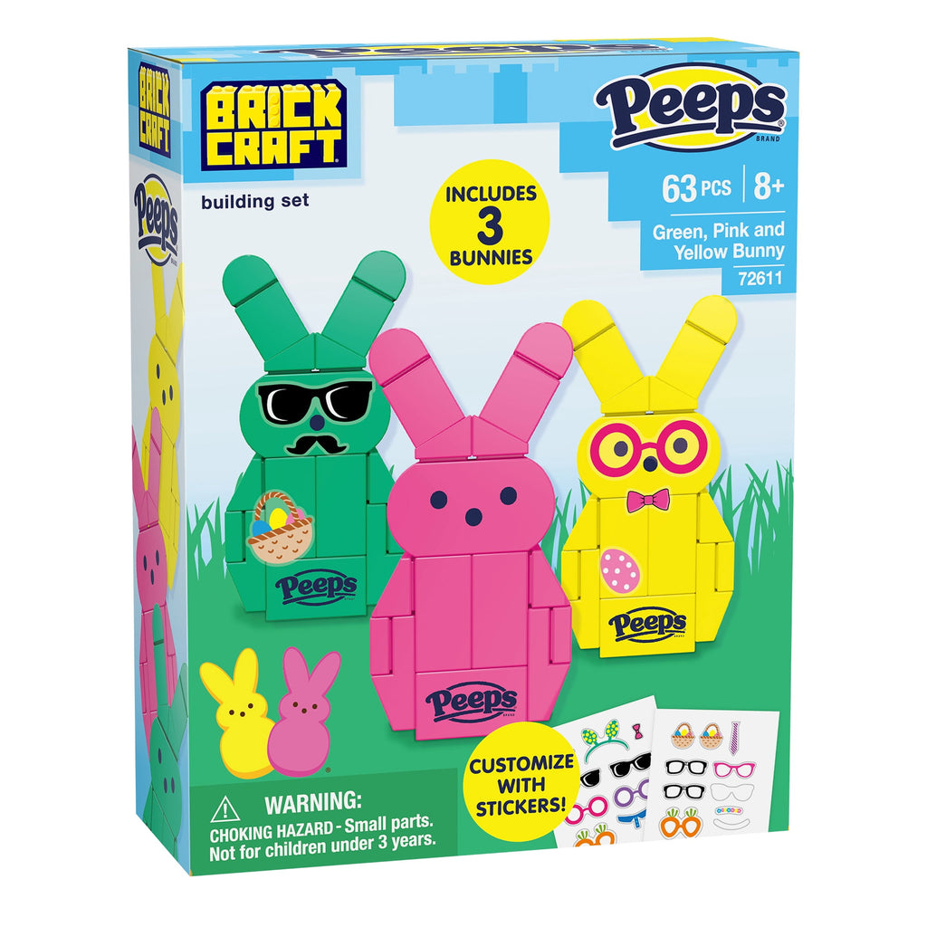 Brickcraft PEEPS Green, Pink and Yellow Bunny Building Kit (63-Piece Set), Easter Candy Brick Toy, 3 Buildable Bunnies, Customizable Stickers, Spring Gift, Easter Basket Stuffer, Collectible Display