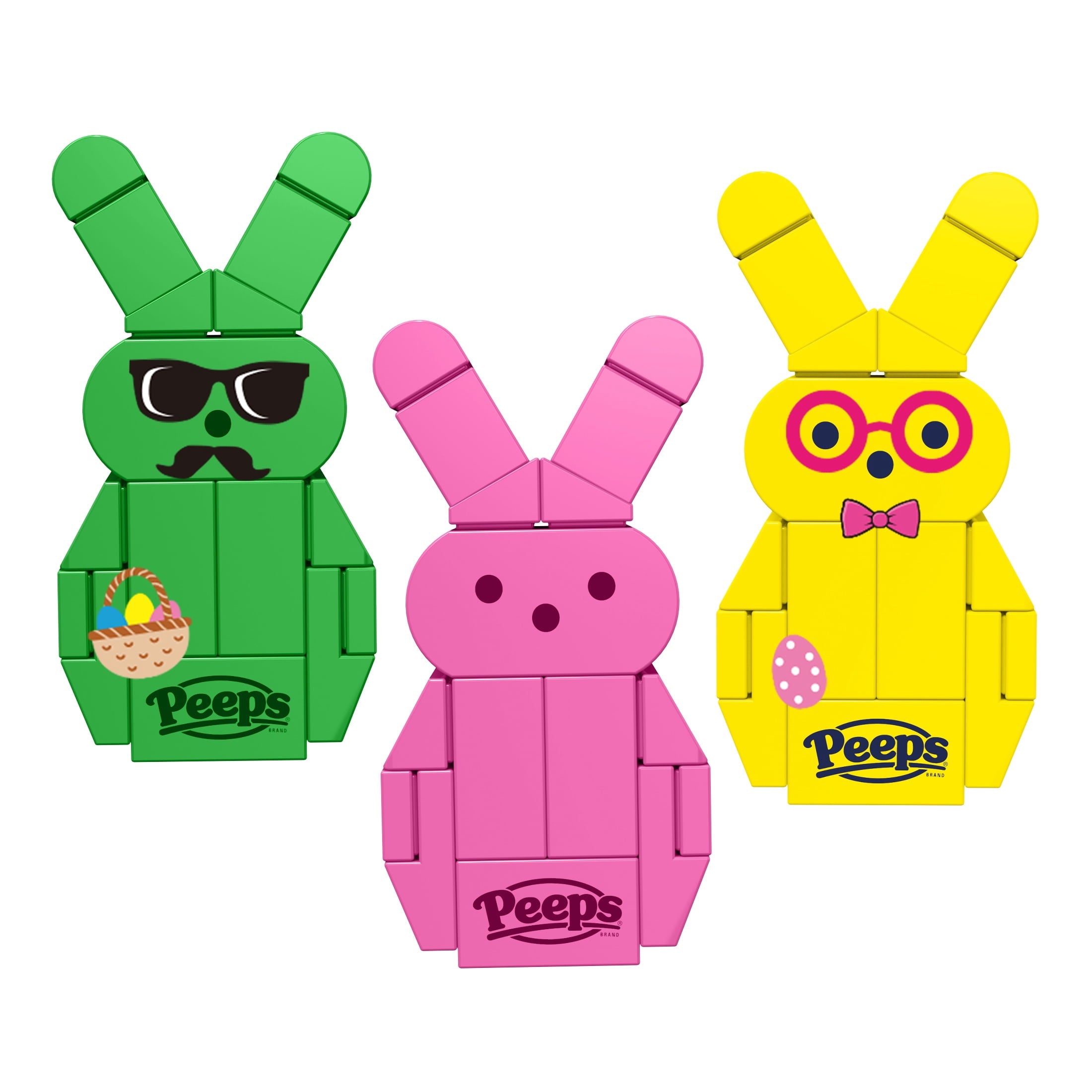 Brickcraft PEEPS Green, Pink and Yellow Bunny Building Kit (63-Piece Set), Easter Candy Brick Toy, 3 Buildable Bunnies, Customizable Stickers, Spring Gift, Easter Basket Stuffer, Collectible Display