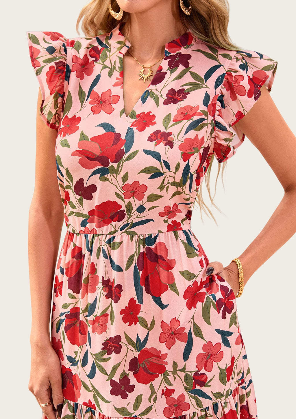 PRETTYGARDEN Women's Summer Floral Midi Dress Cap Sleeve V Neck Ruffle Long Flowy Boho Casual Beach Vacation Dresses
