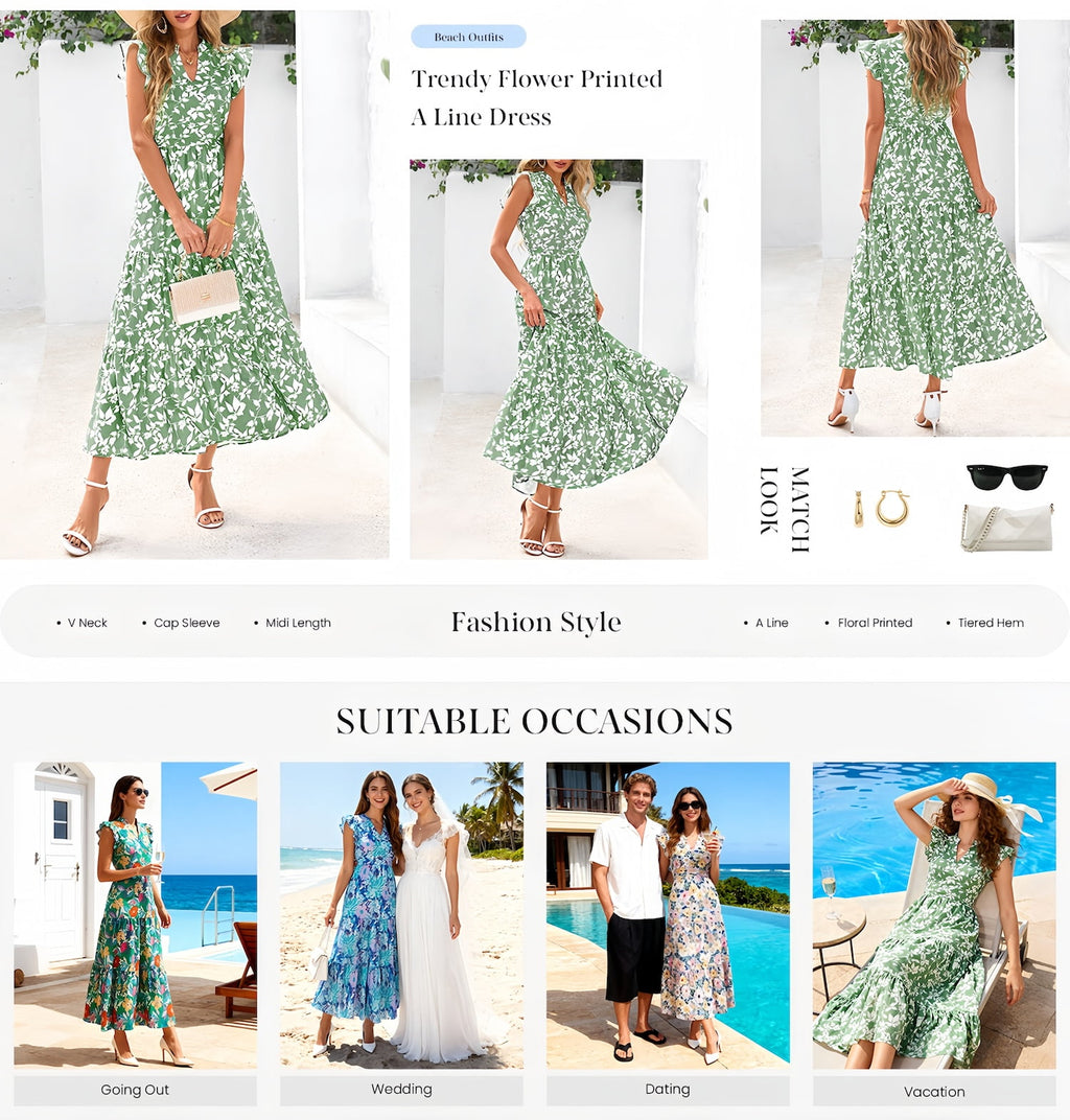 PRETTYGARDEN Women's Summer Floral Midi Dress Cap Sleeve V Neck Ruffle Long Flowy Boho Casual Beach Vacation Dresses