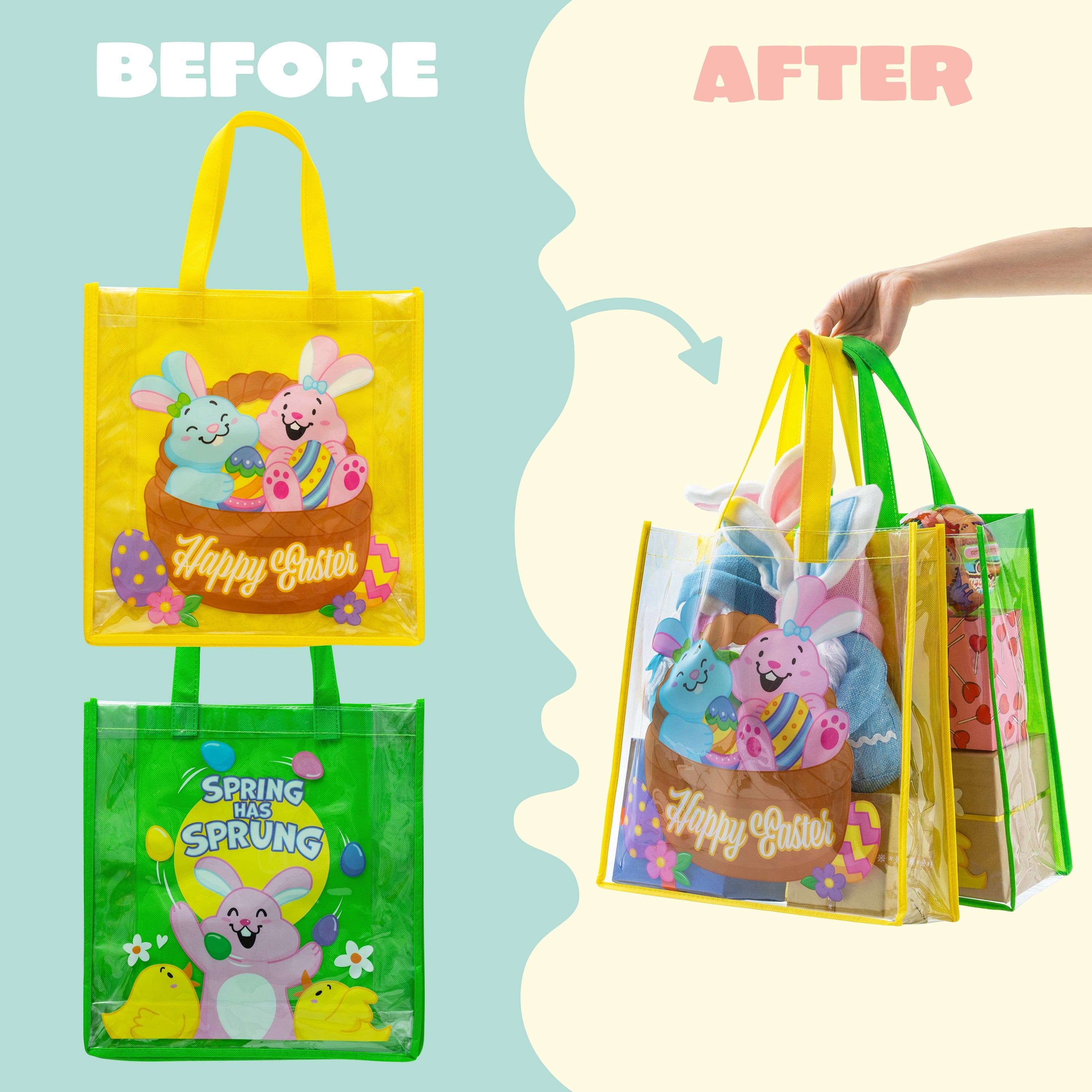 Joyfy 6 Pcs Easter Bags, Easter Gift Bags for Kids, 13" x 13" Large Reusable Goodie Tote Treat Bags with Handles for Easter Egg Hunt, Easter Party Favors Supplies