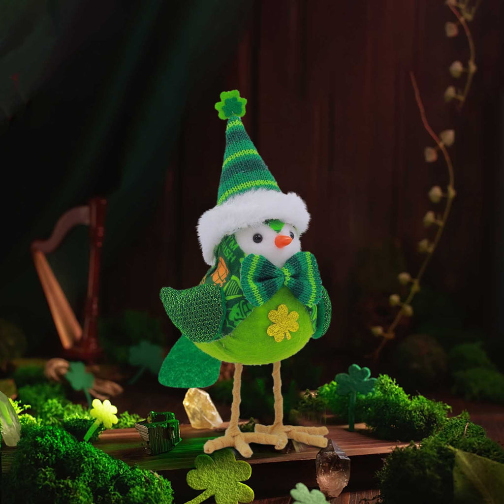 Lksixu St.Patrick's Day Birds Ornaments, 3D Green Shamrock Bird Figurines with Hat and Bow, Handmade Irish Luck Inseparable Birds Doll Spring Table Decor Animals Garden Statue for Window Party