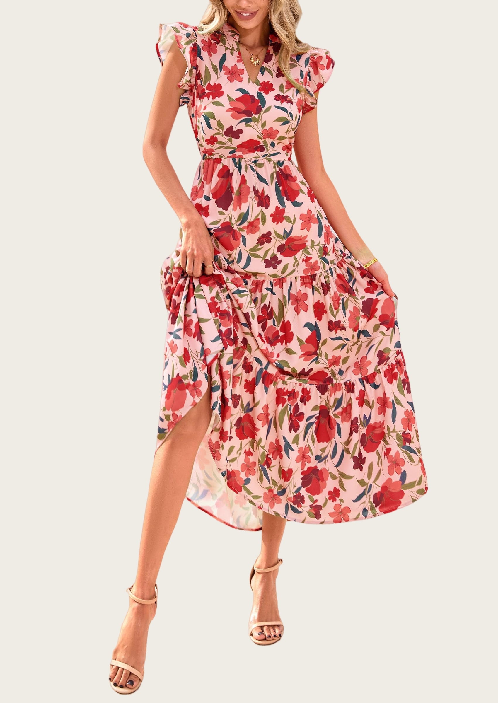 PRETTYGARDEN Women's Summer Floral Midi Dress Cap Sleeve V Neck Ruffle Long Flowy Boho Casual Beach Vacation Dresses