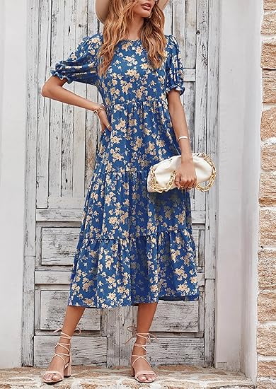 PRETTYGARDEN Women's Summer Casual Boho Dress Floral Print Ruffle Puff Short Sleeve Flowy Midi Beach Party Dresses