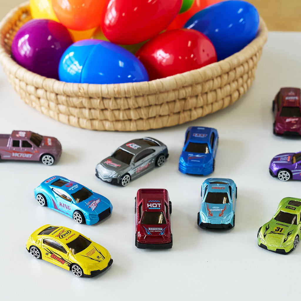 Joyfy 12 Pcs Easter Eggs Prefilled with Die-cast Cars,Diecast Cars Toy Vehicles for Kids Boys Easter Eggs Hunt,Basket Easter Stuffers,Easter Party Favors,Easter Egg Fillers,Classroom Prizes
