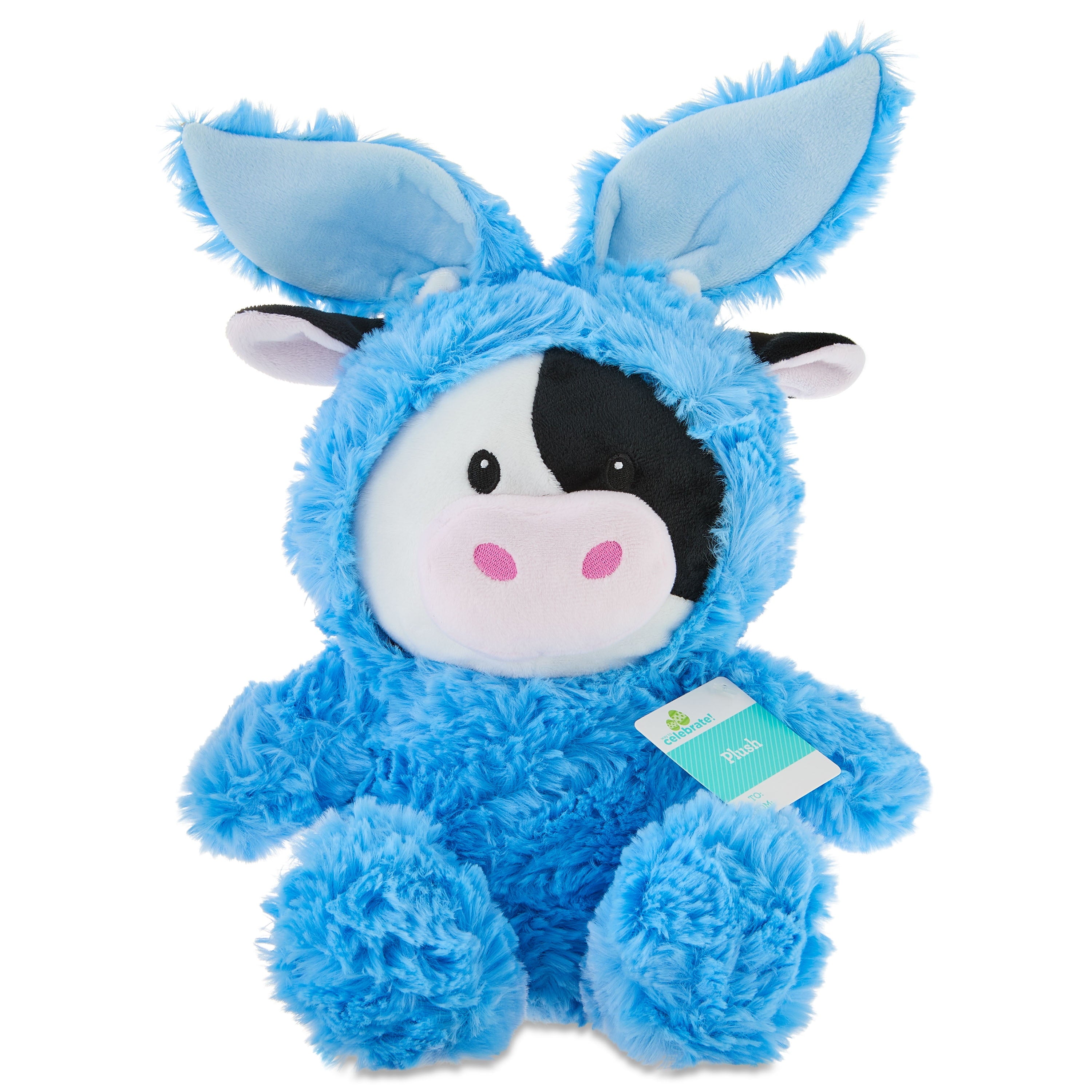 Medium Cow Plush in Bunny Hoodie, Black/White/Blue, 15", Easter by Way To Celebrate