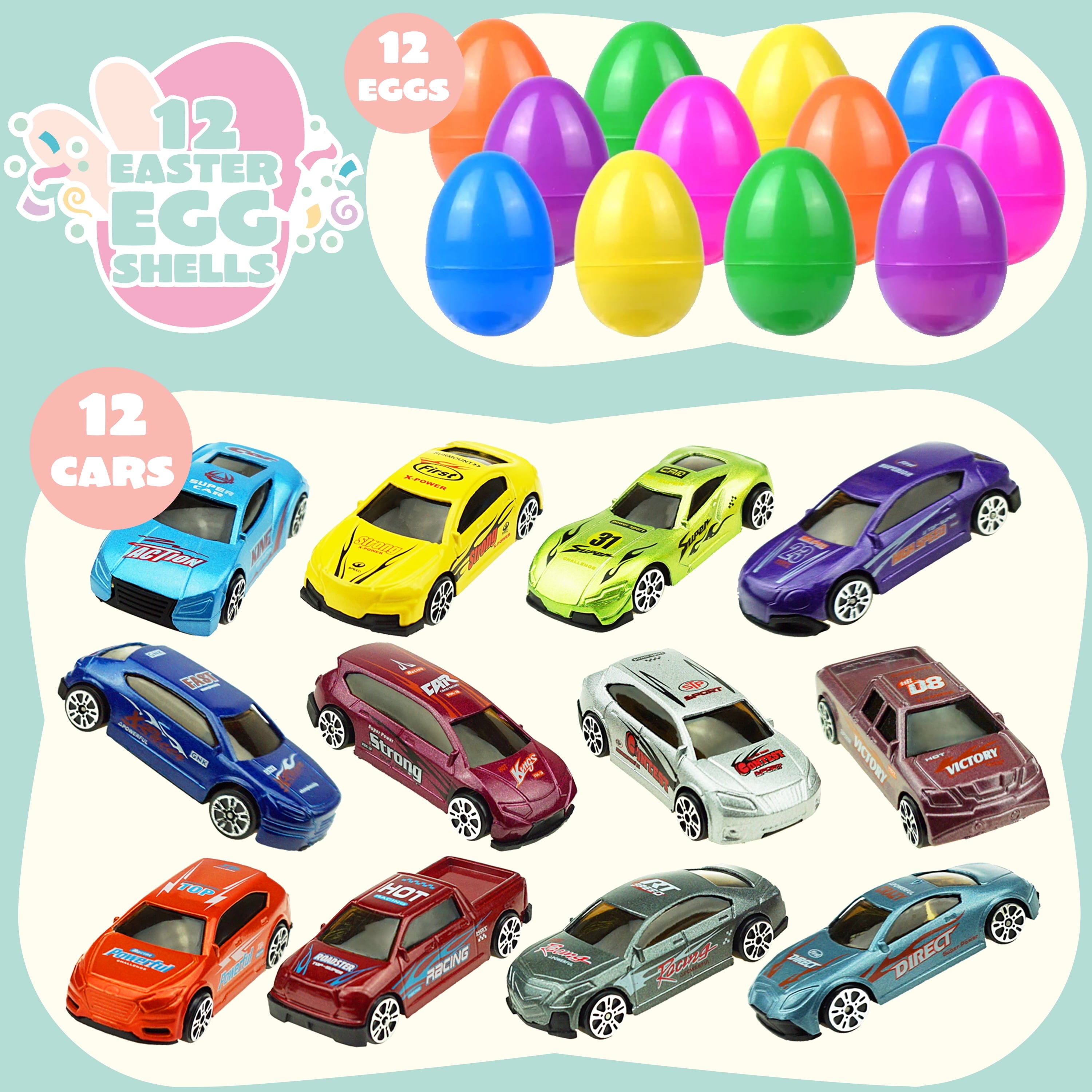 Joyfy 12 Pcs Easter Eggs Prefilled with Die-cast Cars,Diecast Cars Toy Vehicles for Kids Boys Easter Eggs Hunt,Basket Easter Stuffers,Easter Party Favors,Easter Egg Fillers,Classroom Prizes