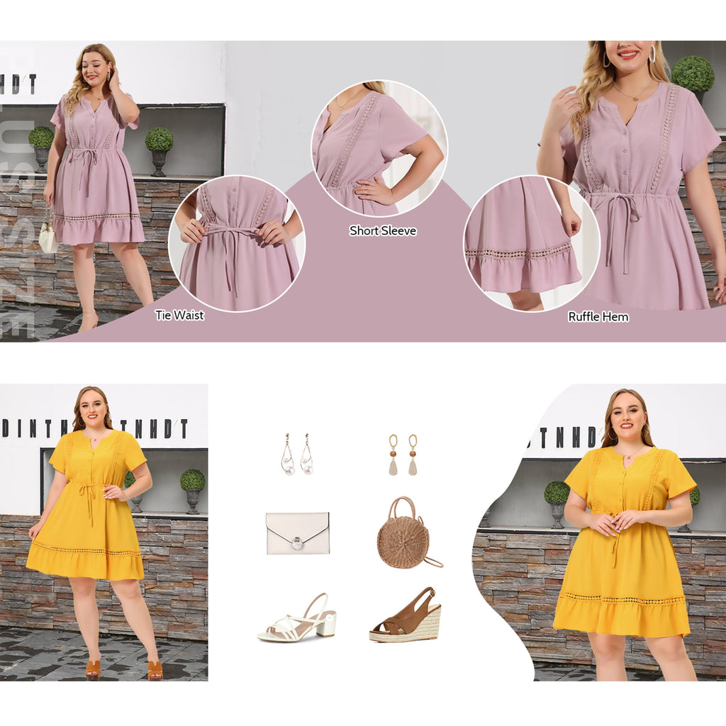 GRACE & GRANDEUR Women's Plus Size St. Patrick's Day Dress V Neck Short Sleeves Tie Waist Summer Shirt Dresses 1X Gray Purple