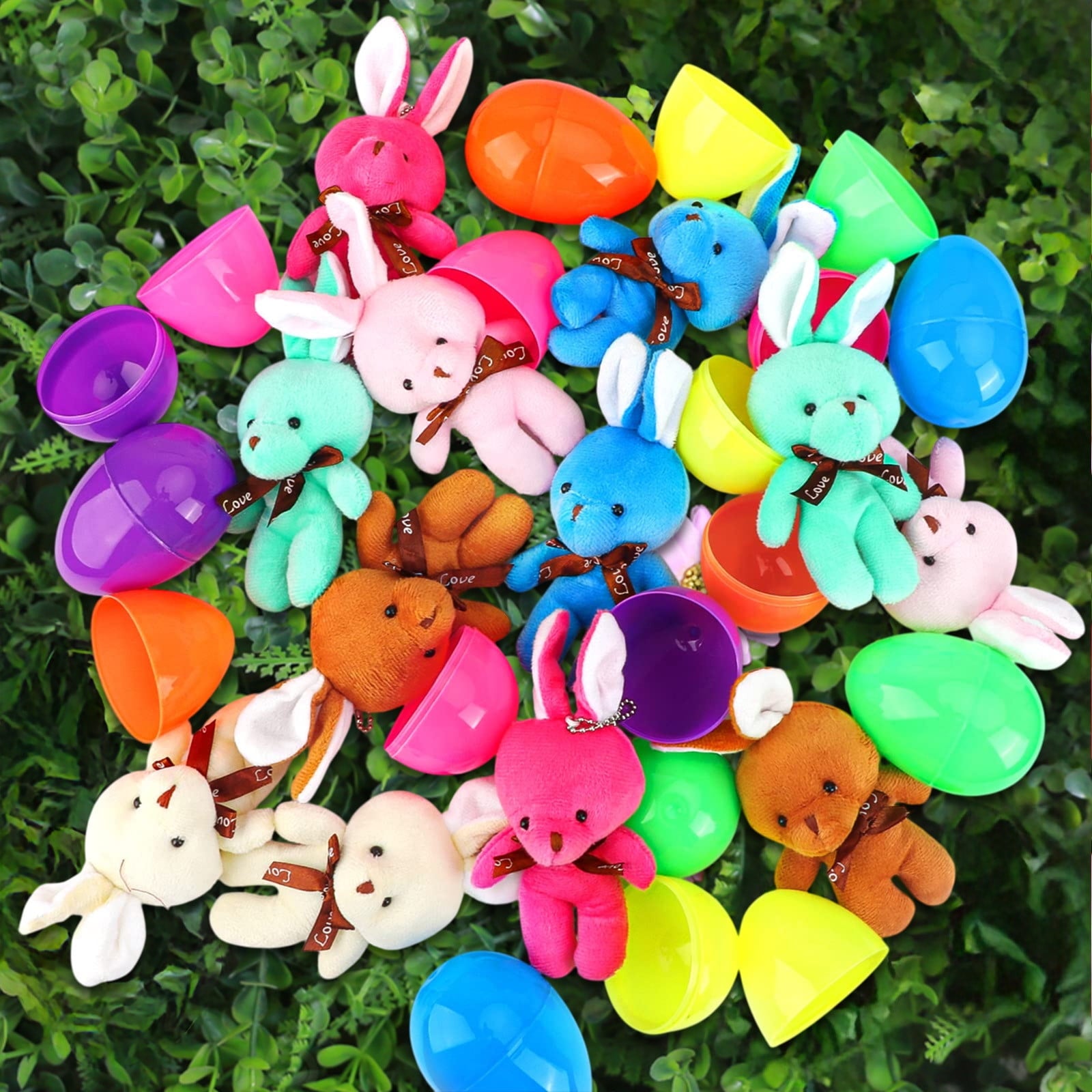 12 Pack Prefilled Easter Eggs with Stuffed Animals,3.3" Plastic Easter Eggs Filled with Bunny Toys,Perfect for Party Basket Stuffers Fillers (A)
