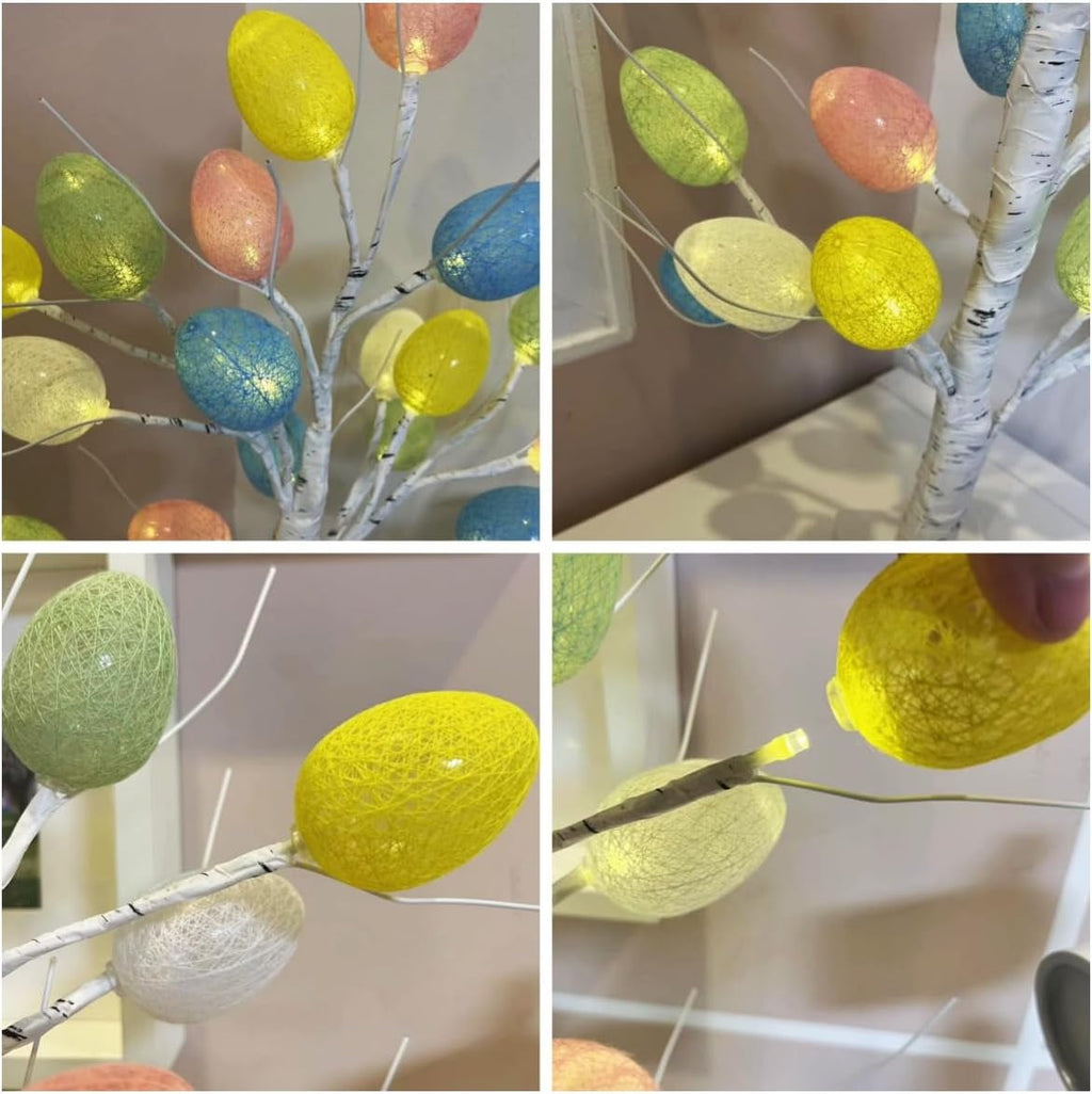 Easter Decorations,  Lighted Easter Egg Tree Tabletop 21-inch Artificial Birch Tree Lights Include 24 Pieces Egg Ornament for Spring Holiday Tabletop Decor