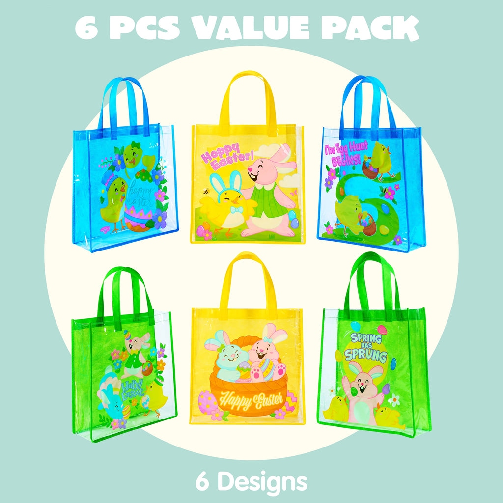 Joyfy 6 Pcs Easter Bags, Easter Gift Bags for Kids, 13" x 13" Large Reusable Goodie Tote Treat Bags with Handles for Easter Egg Hunt, Easter Party Favors Supplies
