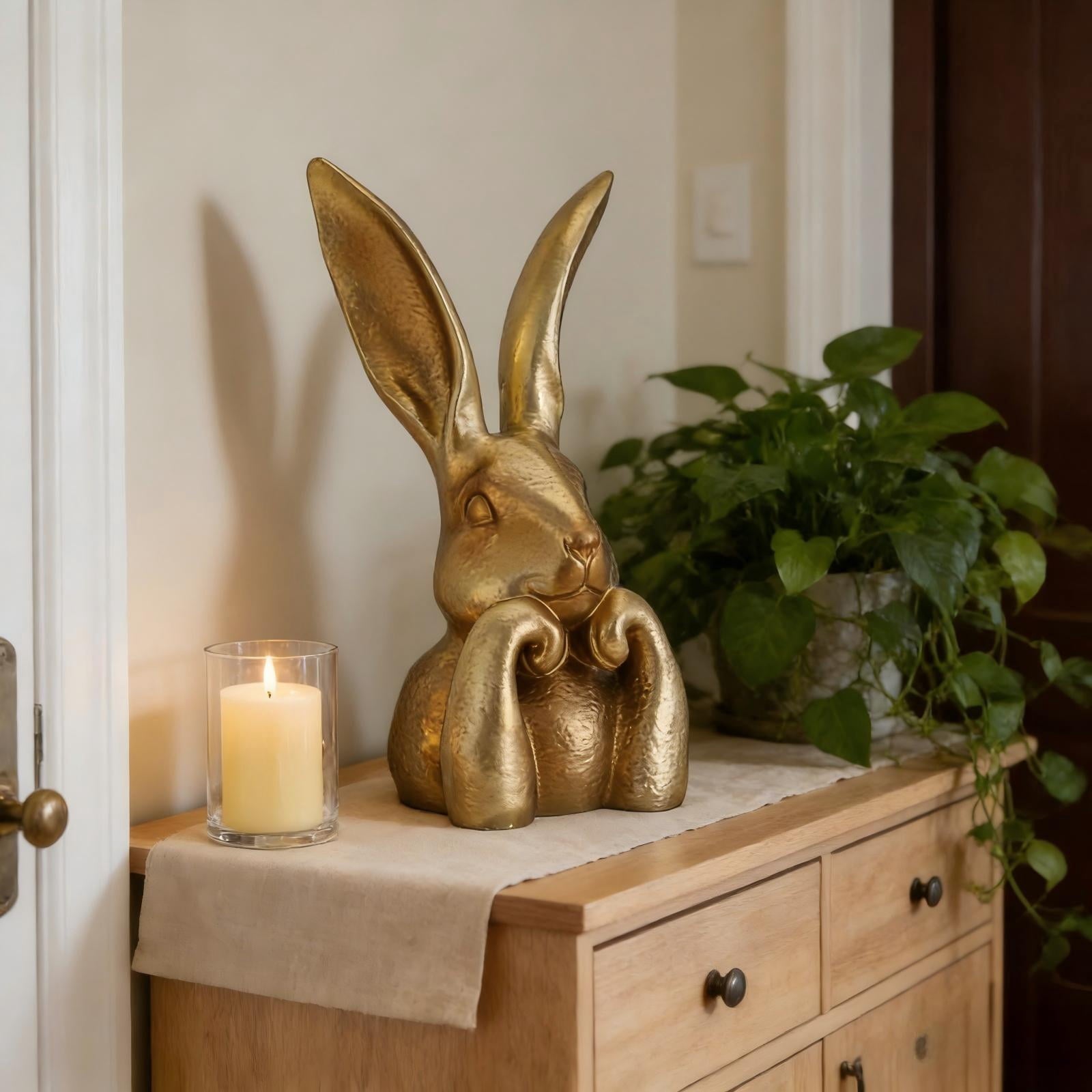 WKSCLPAI Easter Rabbits Decoration 8 Inch Vintage Gold Resin Bunny Statue Spring Rabbit Figurines Easter Table Centerpiece Decorative Bunny Sculpture Collectibles Gift for Home Indoor Decor